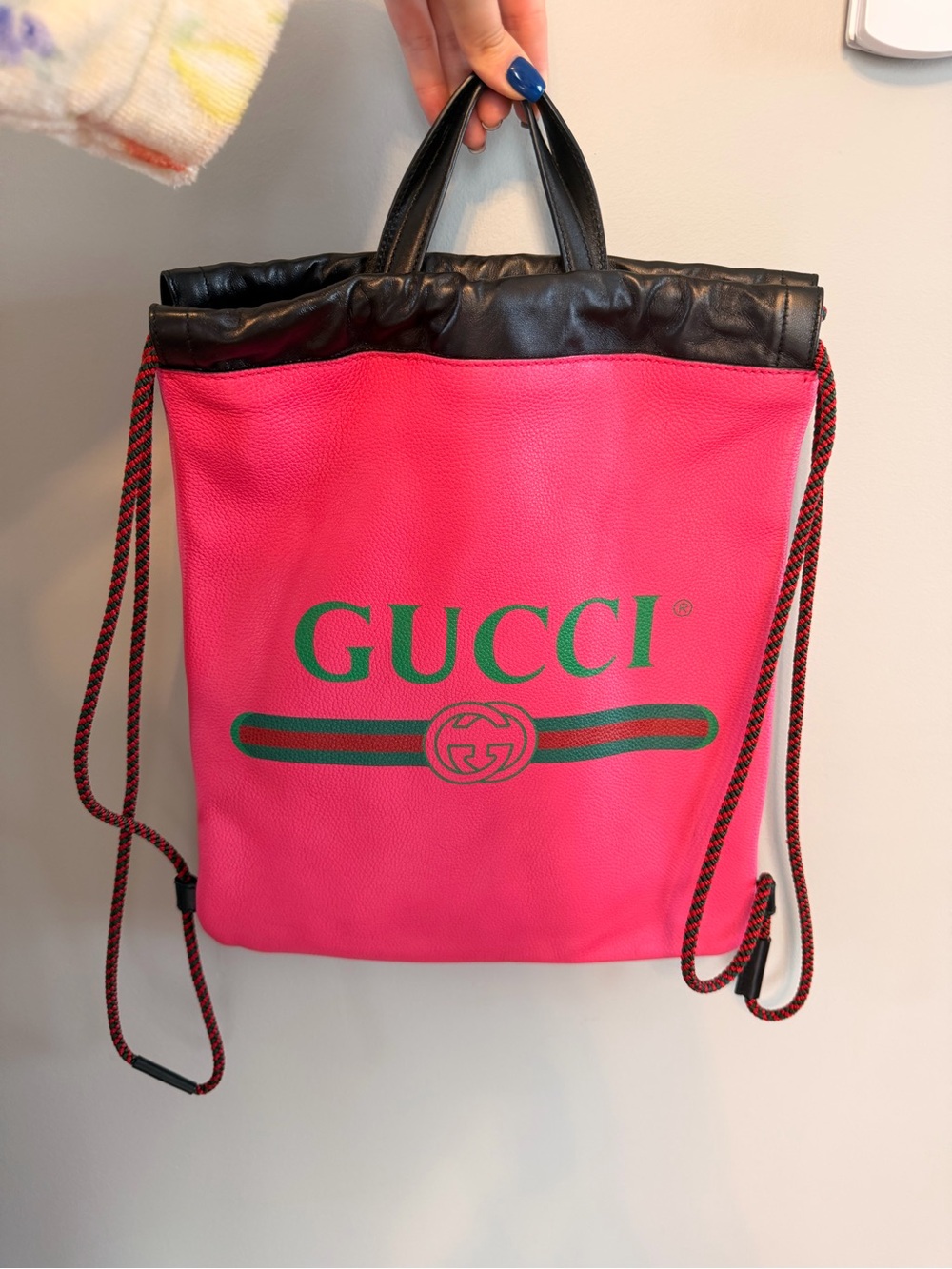 Gucci Hot Pink and Green Logo Drawstring Tote with Black Trim